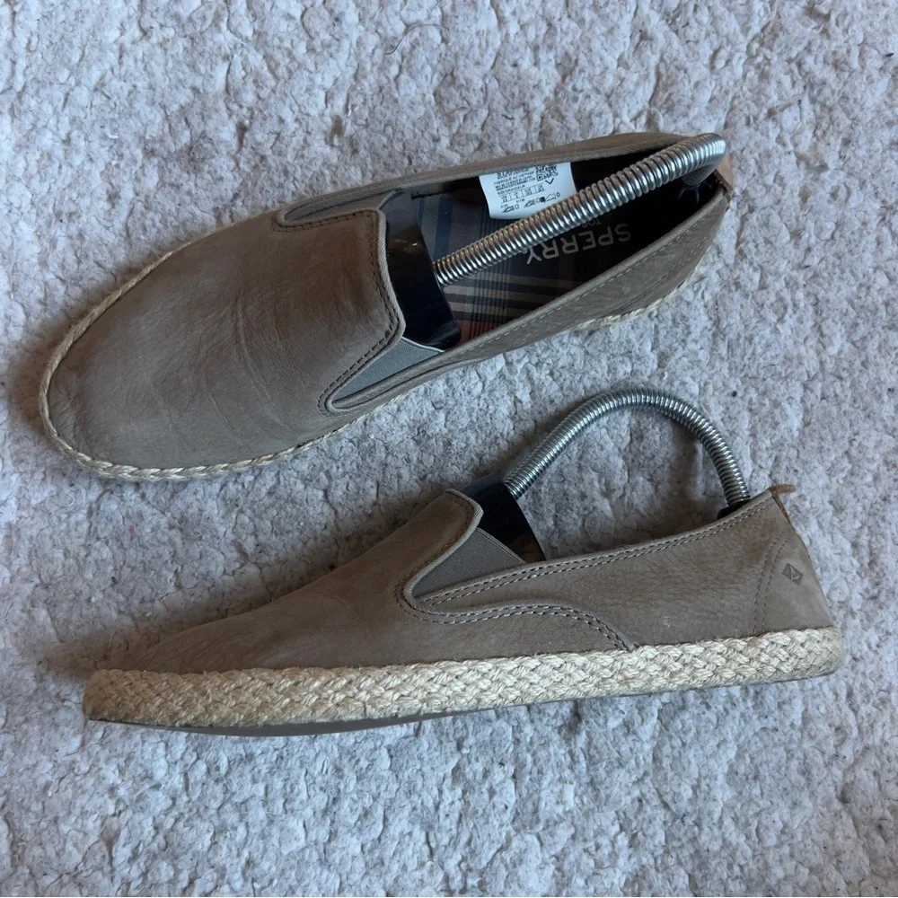 Sperry: Olive Green Suede Slip On Sailor Twin Gore Jute Espadrilles Size 8.5